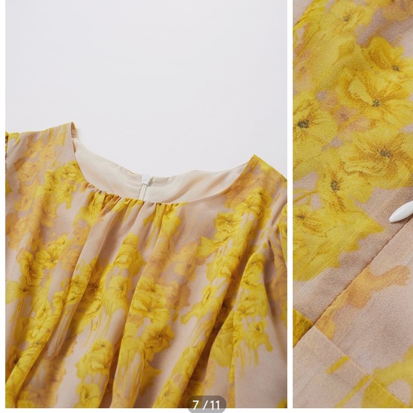 YELLOW BLOSSOM DRAWSTRING ASYMMETRIC RUFFLE MIDI DRESS - Picture 5 of 7